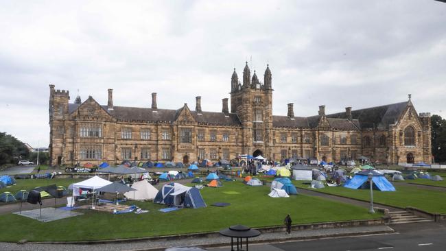 The protest camp on the university’s Quad Lawns survived nearly two months before being dismantled. Picture: NewsWire / Monique Harmer