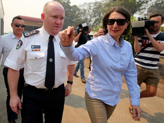 NSW Rural Fire Service Commissioner Shane Fitzsimmons with Premier Gladys Berejiklian, Deputy Premier John Barilaro at the Fire Control Centre at Wauchope. Picture: Nathan Edwards