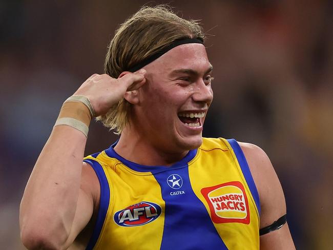 PERTH, AUSTRALIA - APRIL 20: Harley Reid of the Eagles celebrates after scoring a goal during the 2024 AFL Round 06 match between the West Coast Eagles and the Fremantle Dockers at Optus Stadium on April 20, 2024 in Perth, Australia. (Photo by Will Russell/AFL Photos via Getty Images)