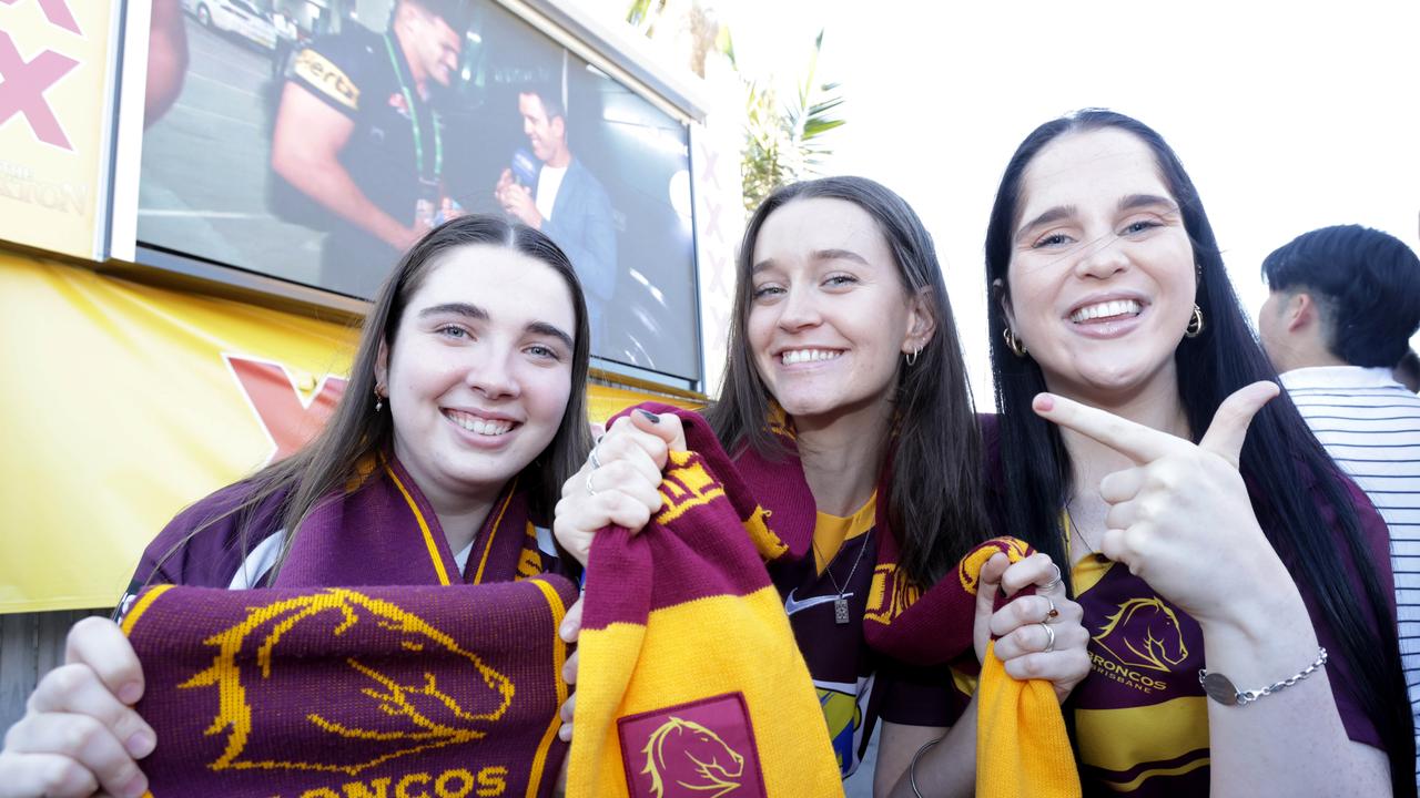 L to R, Erin Jones from Wilston, Grace Scotney from Brighton, Georgia Sankey from Albion, at the Caxton Hotel Caxton Street, Grand Final Live Site, on Sunday 1st October 2023 - Photo Steve Pohlner