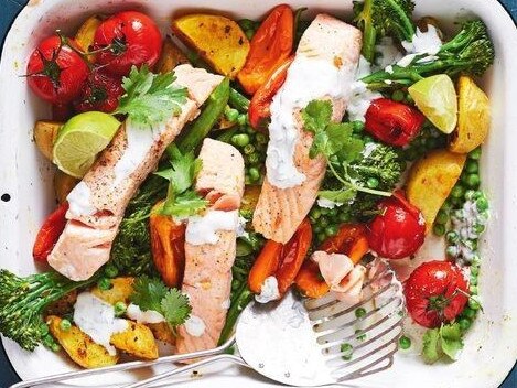 Healthy salmon, potato and broccoli tray bake.