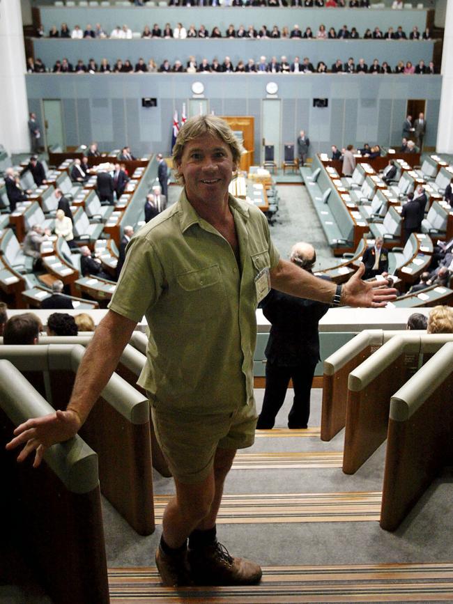 Steve Irwin arrives to hear the speech by US President George W Bush to the Australian parliament in Canberra on October 23, 2003. Picture: AAP Image/Reuters/POOL/David Gray