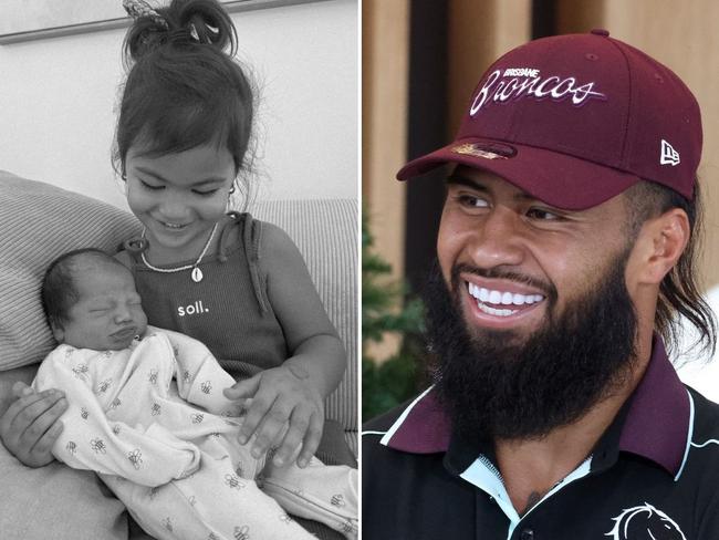 Brisbane Broncos prop Payne Haas has announced the early arrival of his second child, Luckee.