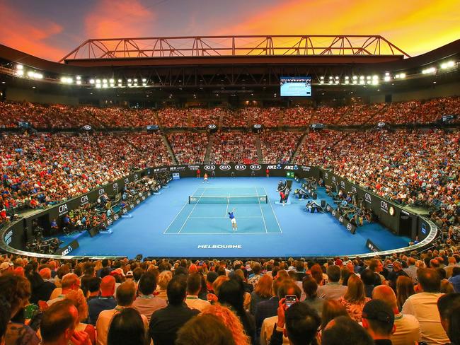 MELBOURNE, AUSTRALIA - JANUARY 27:  A general view inside Rod Laver Arena at sunset during the Men's Singles Final match betwen Novak Djokovic of Serbia and Rafael Nadal of Spain during day 14 of the 2019 Australian Open at Melbourne Park on January 27, 2019 in Melbourne, Australia.  (Photo by Scott Barbour/Getty Images)