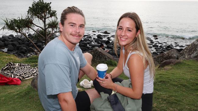 Daniel Finns and Charli Brautigam at the Surf of Origin at Burleigh Beach. Picture: Annette Dew