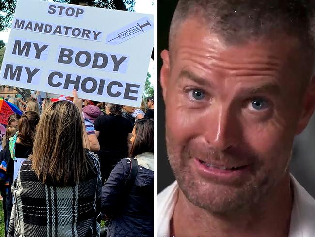 Prominent anti-vaxxer Pete Evans (right) and protesters at an anti-vaccination rally in May. Pictures: File, Twitter