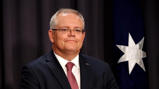 Prime Minister Scott Morrison speaks about coronavirus during a press conference in the Blue Room at Parliament House on Tuesday. Picture: Getty Images