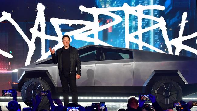 Elon Musk introduces a Tesla Cybertruck in California. Picture: AFP.
