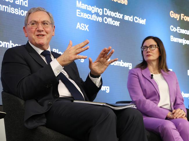 24/7/24: Joseph Longo, Chair and Accountable Authority, The Australian Securities and Investments Commission (ASIC),Helen Lofthouse, Managing Director and Chief Executive Officer, ASX, andGuy Fowler, Co-Executive Chair, Barrenjoey Capital Partners at the Australian Capital Markets Briefing. John Feder/The Australian.