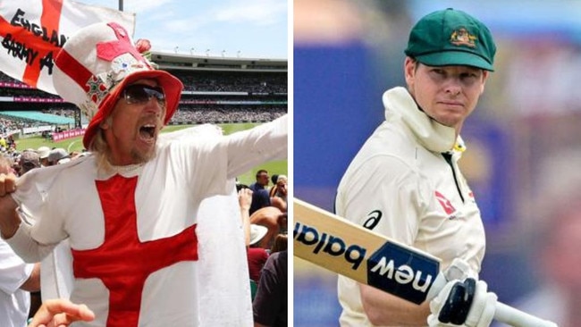 Steve Smith and the Barmy Army. Photos: News Corp/AFP