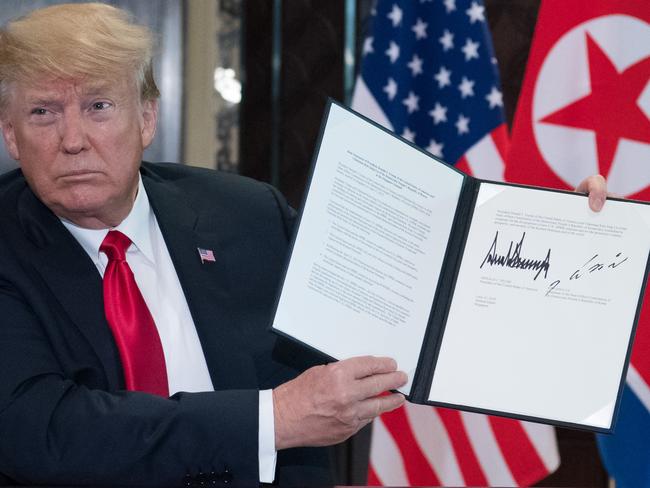 The document signed by Mr Trump and Kim Jong-un committed to building better DPRK-US relations. Picture: AFP