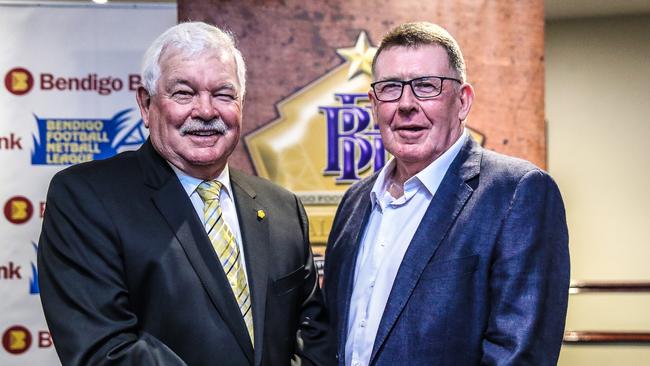 Bendigo Football League legends, left, the late Ron Best and Tony Southcombe. Picture: Supplied