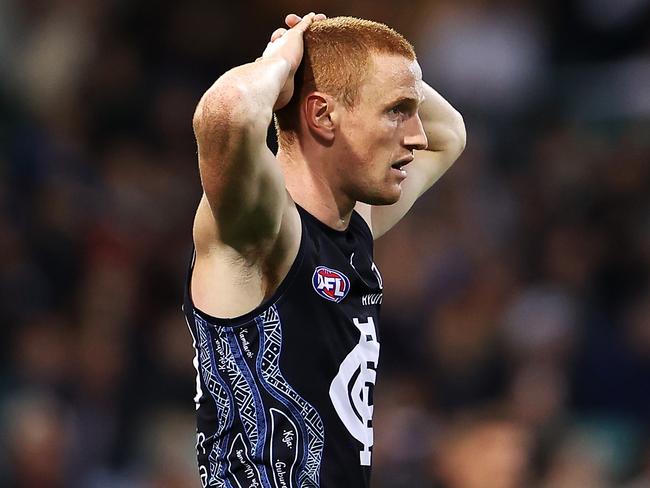 A dejected Matt Cottrell during the Blues’ loss to West Coast. Picture: Getty Images