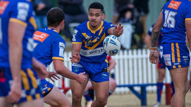 Hooker William Eyre gets the ball away for Campbelltown City in their 58-30 loss to Campbelltown Collegians at Bradbury Oval. Picture Thomas Lisson