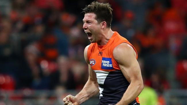 SYDNEY, AUSTRALIA - JULY 20: Toby Greene of the Giants celebrates kicking a goal during the Greater Western Sydney Giants and the Collingwood Magpies at GIANTS Stadium on July 20, 2019 in Sydney, Australia. (Photo by Cameron Spencer/Getty Images)