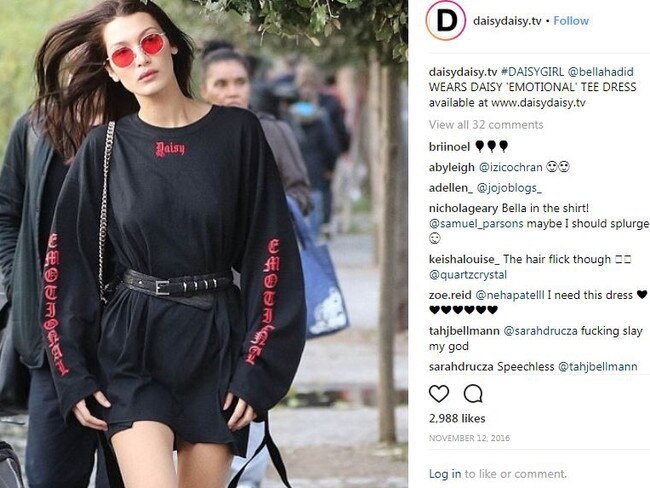 Daisy posts a picture of Bella Hadid wearing their Emotion Daisy dress.