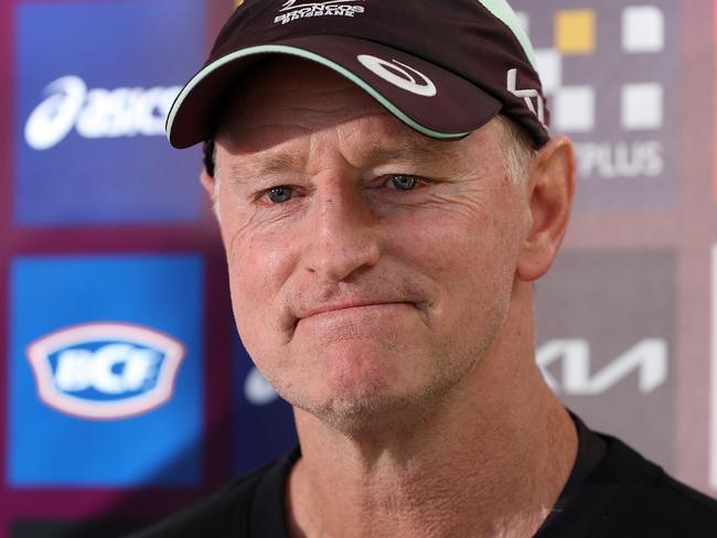 Brisbane Broncos head coach Michael Maguire speaking at a press conference at Red Hill. Picture: Tara Croser.