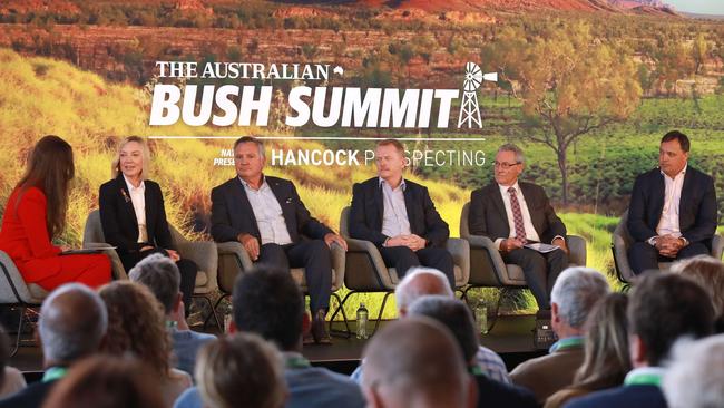 The Australian’s Jenna Clarke, left, Mia Jane Davies, Neale Fong, Kieran Hennelly, Peter Long, Gerhard Veldsman and Roy Hill at the Bush Summit in Perth on Monday. Picture: Philip Gostelow