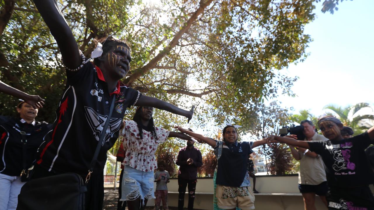 Munupi family members of 47-year-old Pukumani Alimankinni performed her Jorrigjorringa (kookaburra) song outside Darwin Local Court following her death in care coronial, on April 24, 2024. Picture: Zizi Averill