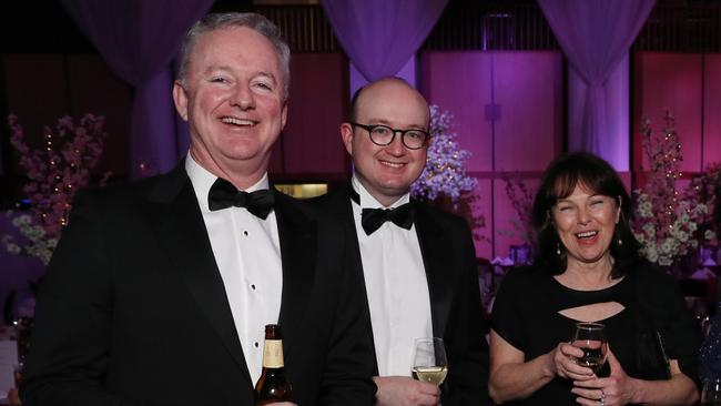 Nine Entertainment chief executive Hugh Marks, Brad Hatch and Gail Hambly at the Midwinter Ball at Parliament House in Canberra. Picture Gary Ramage