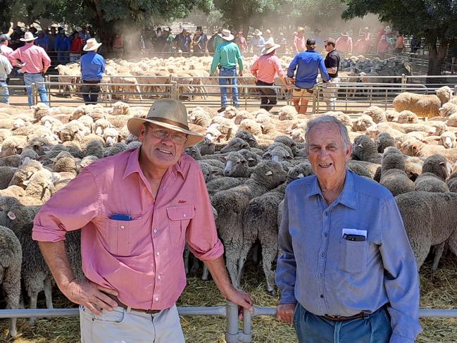 Keith Buckingham, The Frontage at Jerilderie, paid $252 and $243 for young Merino ewes at Deniliquin today in a stronger market than he had anticipated. He is pictured with agent Steve Grantham, Elders Corowa. Picture: Jenny Kelly