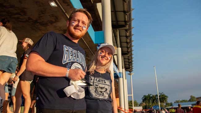 Brad and Jessie Bertwistle at the Gold Coast Suns vs Geelong Cats Round 10 AFL match at TIO Stadium. Picture: Pema Tamang Pakhrin