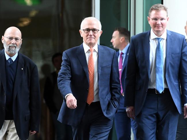 The final shot of Malcolm Turnbull as Prime Minister as he walked into his doomed fate. Picture: Sam Mooy/AAP