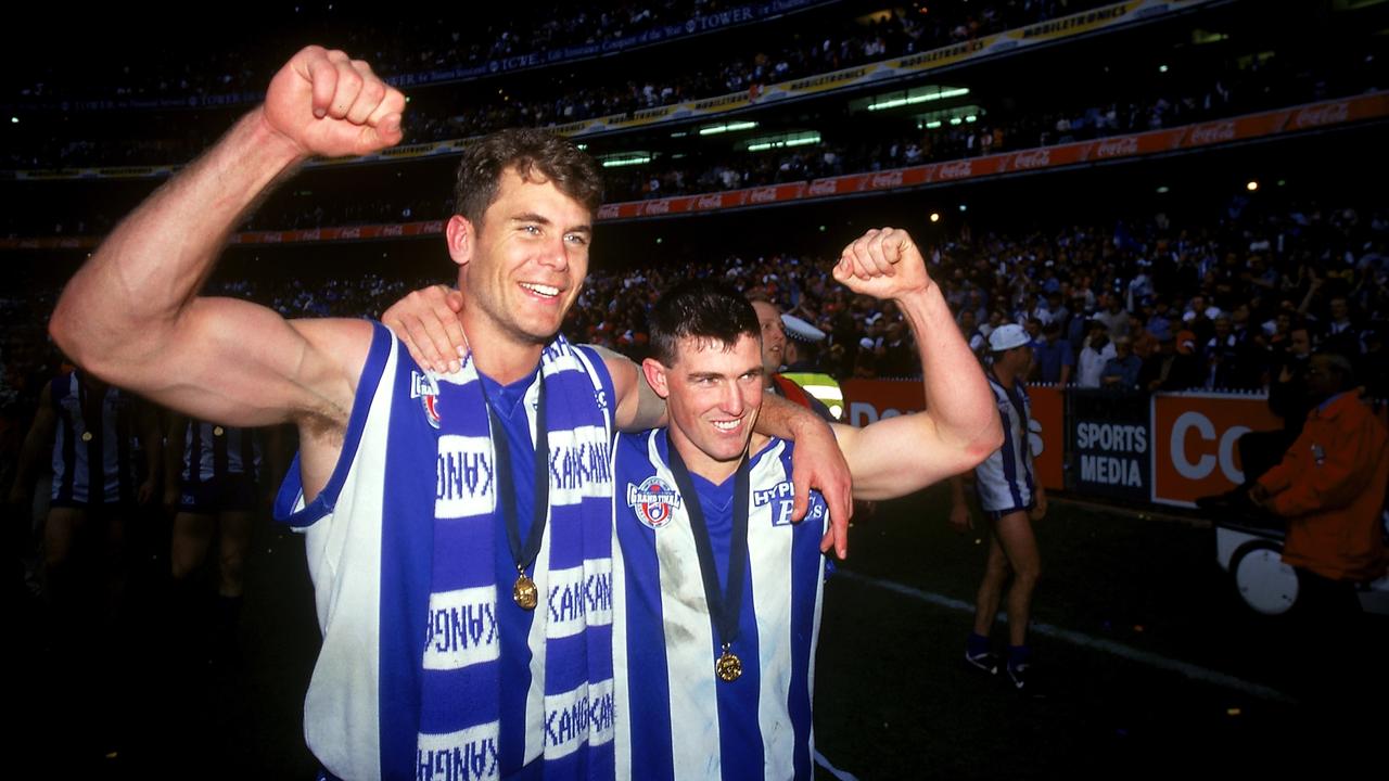 Wayne Carey and Anthony Stevens in happier times. (Photo by Getty Images)