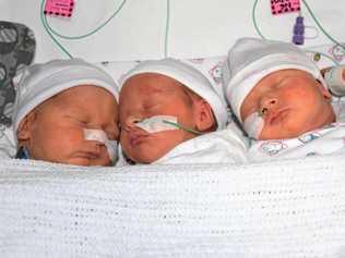 Triplets Kodi, Cooper and Summer Gardiner were born at Ipswich Hospital this month. Picture: Contributed