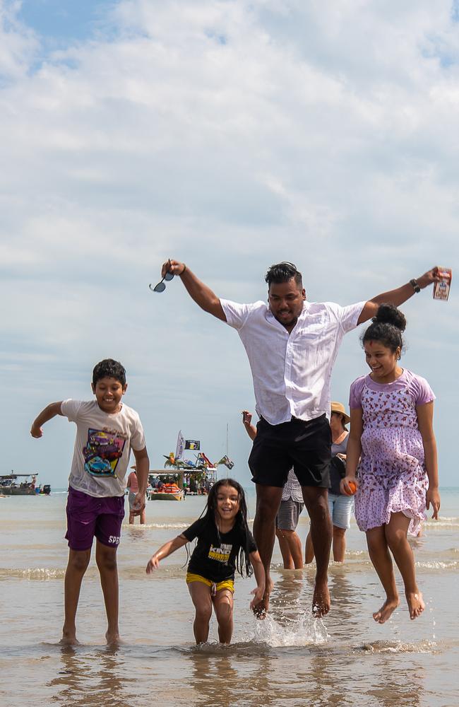 Aaris Giri, Aarvi Yogi, Bhairav Yogi, Avani Bhattarai at the Darwin Beer Can Regatta at Mindil Beach, 2023. Picture: Pema Tamang Pakhrin