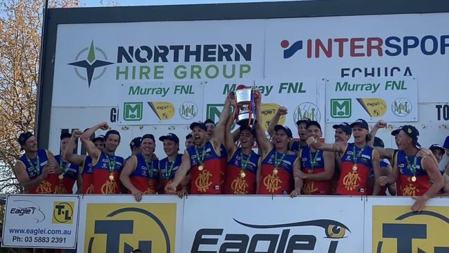 Mulwala lifts the cup. Picture: Mulwala FC