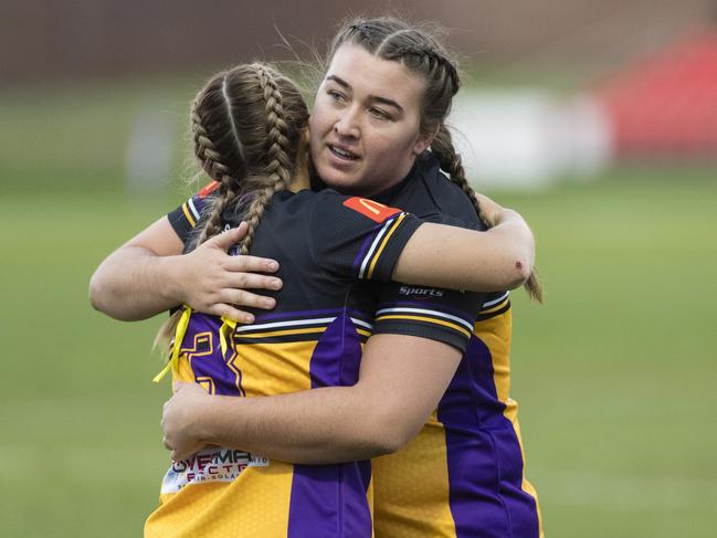 Gatton players Natalia Webb (left) and Ashlea Nolan celebrate the win against Oakey. Picture: Kevin Farmer.