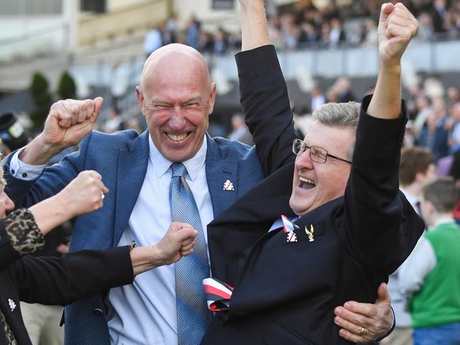 Connections of Pinstriped celebrate after winning the Stow Storage Memsie Stakes at Caulfield Racecourse on August 31, 2024 in Caulfield, Australia. (Photo by Pat Scala/Racing Photos via Getty Images)