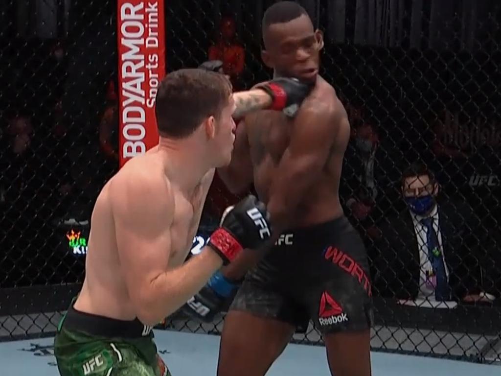Jamie Mullarkey's staggering KO punch. Photo: UFC Fight Pass Main Event.