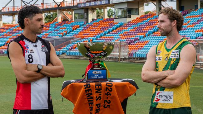 Michael Bowden of Southern Districts and Dylan Landt of St Mary's ahead of the 2024-25 NTFL grand final. Picture: Pema Tamang Pakhrin