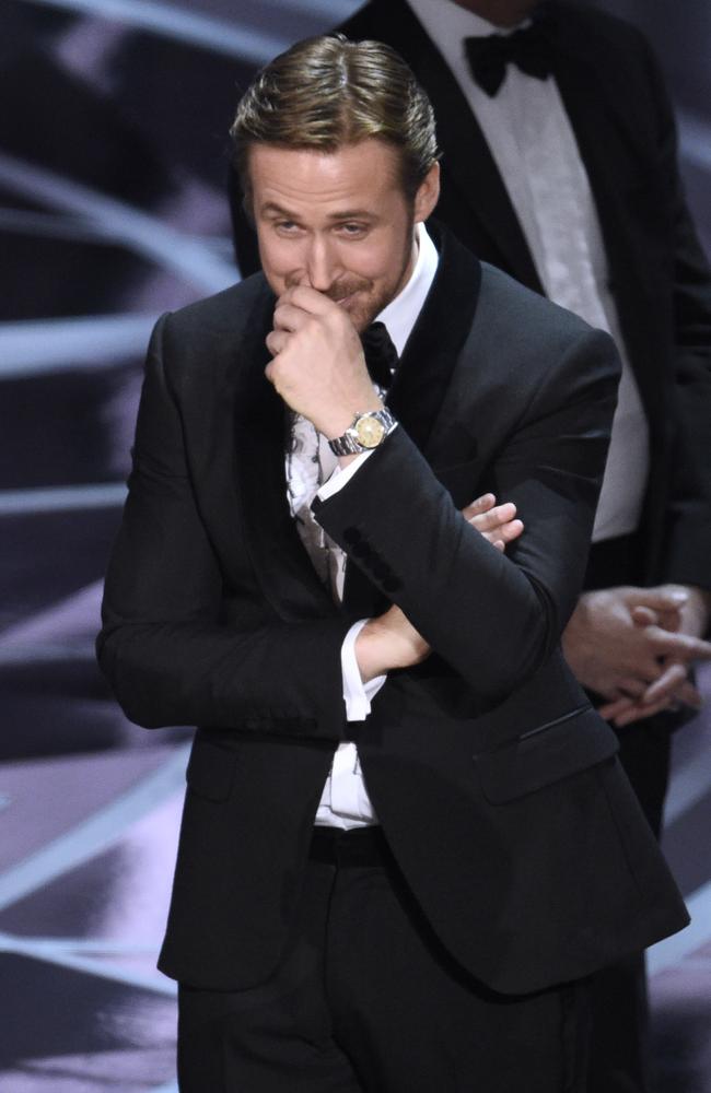 Ryan Gosling reacts as the true winner is announced at the Oscars. Picture: AP