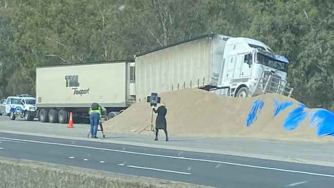 The truck driver headed for the pile of gravel when he lost control. Picture: Supplied