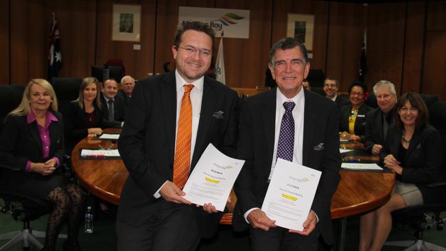 Councillors Matt Constance and Acting Mayor Mike Charlton with other Moreton Bay Regional councillors after adopting the 2019/2020 budget. Photo Erin Smith