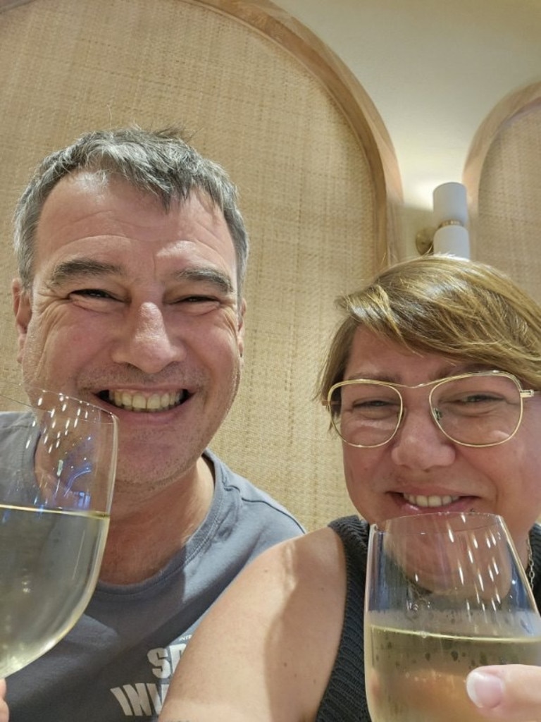 Rhianna and Jason Swan enjoying a glass of wine while on holiday in May before welcoming surprise baby, Caleb in June. Picture: Supplied.