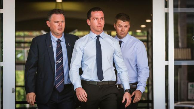 Constable Zachary Rolfe, centre, attends the Supreme Court of the Northern Territory on Monday. Picture: Glenn Campbell