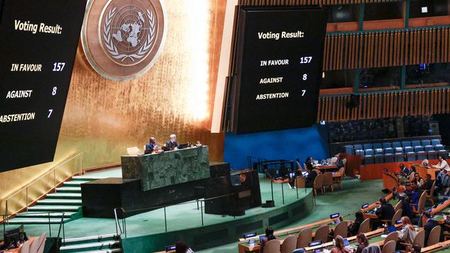 A screen shows the results of the vote on the resolution Peaceful settlement of the question of Palestine at the UN General Assembly. Picture: Kena Betancur/AFP