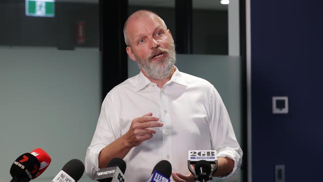 DP World executive vice president Oceania Nicolaj Noes speaking at a press conference on Thursday regarding striking port workers. Picture: Jane Dempster/The Australian.