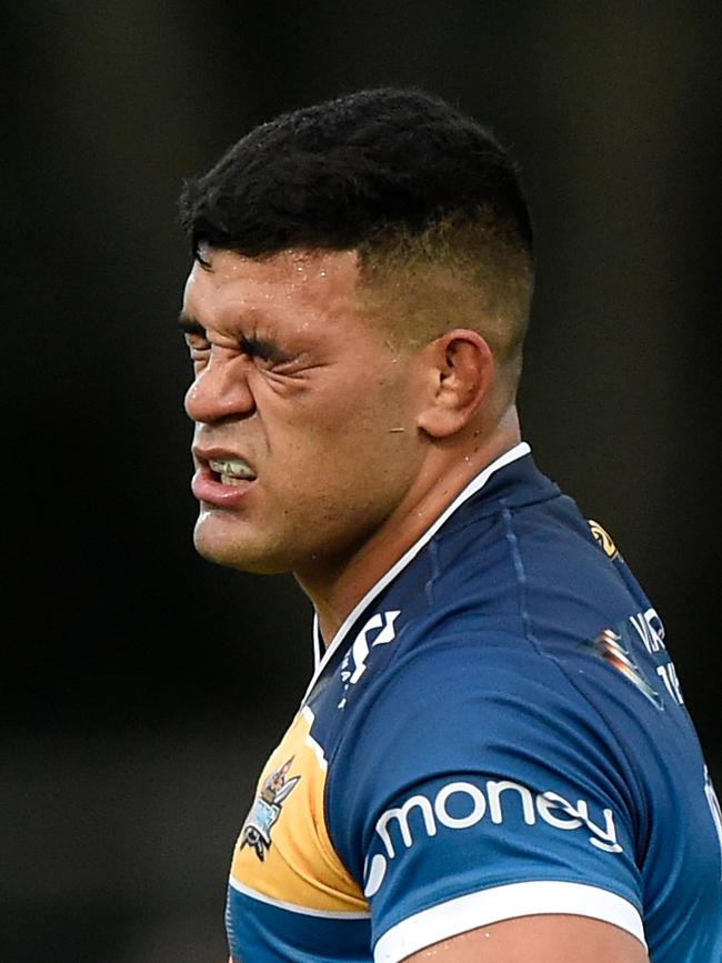 David Fifita of the Titans grimaces during a trial match between the Titans and the Warriors on February 27. Picture: Getty Images