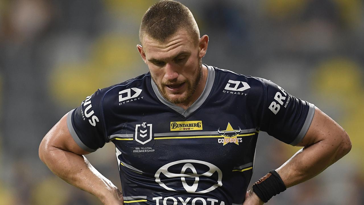 TOWNSVILLE, AUSTRALIA - MARCH 28: Coen Hess of the Cowboys walks from the field during the round three NRL match between the North Queensland Cowboys and the Gold Coast Titans at QCB Stadium on March 28, 2021, in Townsville, Australia. (Photo by Ian Hitchcock/Getty Images)