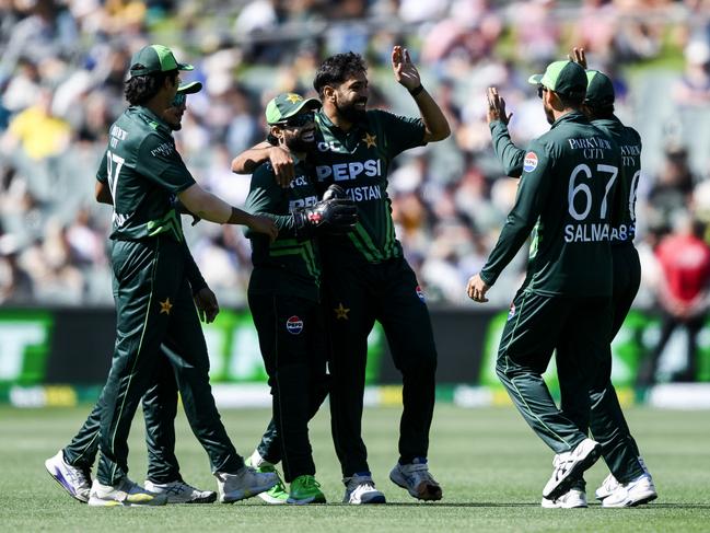 Haris Rauf celebrates during his stunning five-wicket haul. Picture: AFP