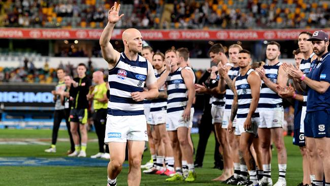 Geelong’s Gary Ablett is farewelled after the AFL grand final as he heads to retirement