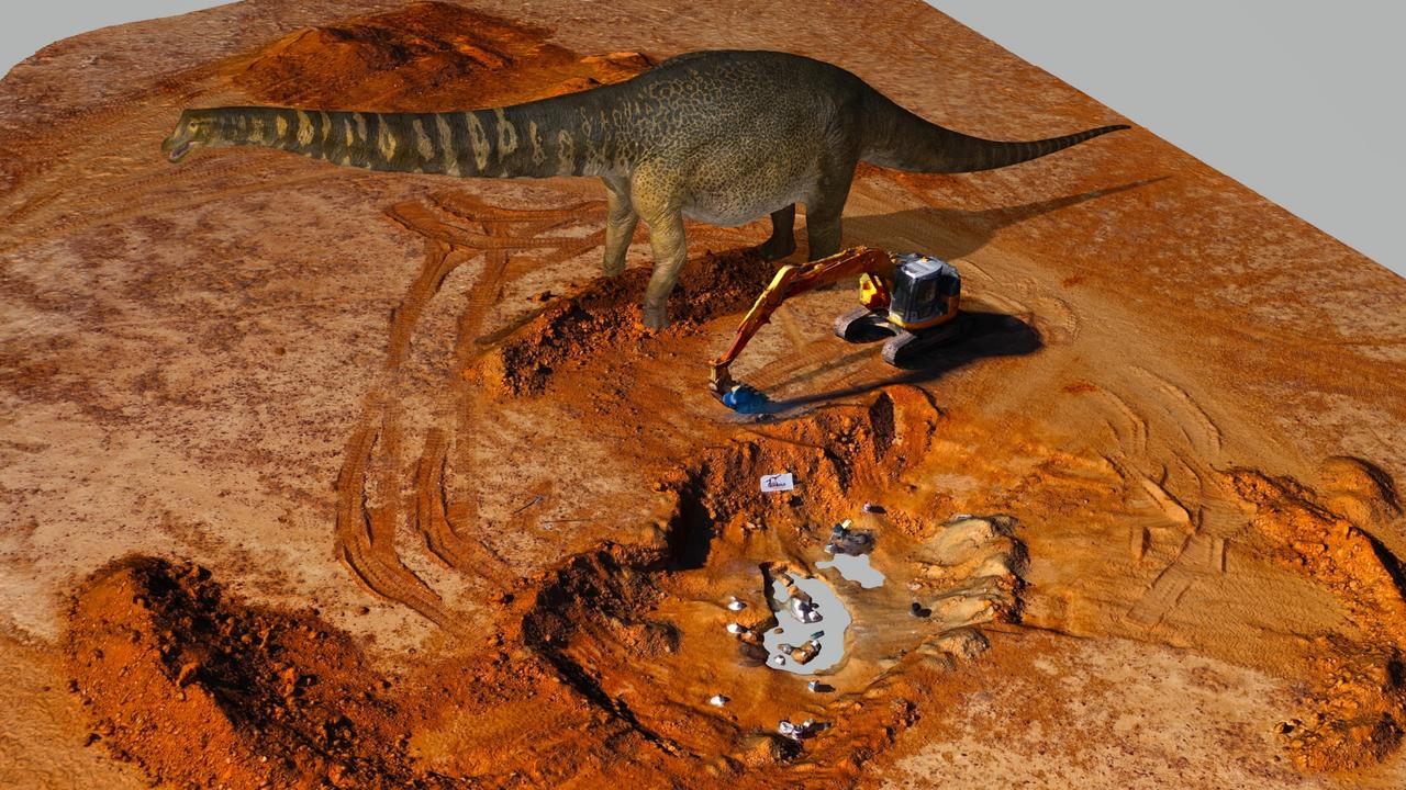 Concept art showing the Australotitan cooperensis, which has been discovered and named in southwest Queensland, compared with a standard digger.