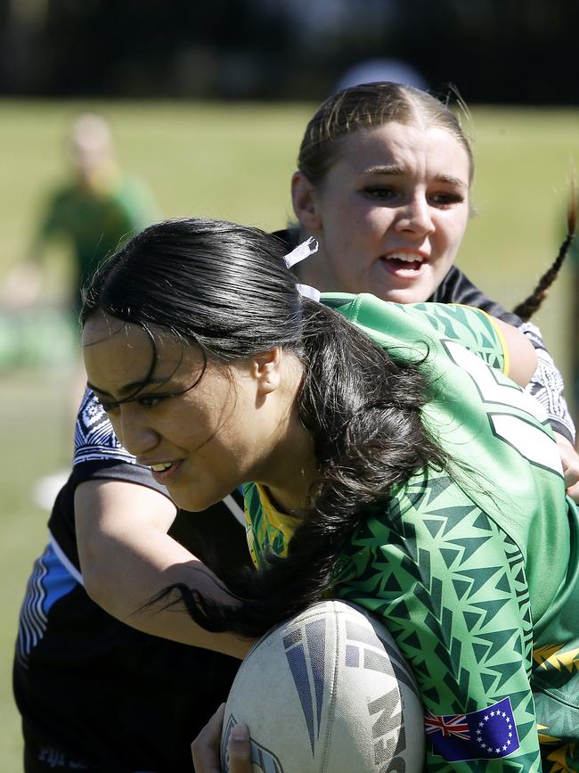 Yasmin Tupou from Cook Islands. Under 18 Girls Ozzy Cooks (cook islands) v Fiji. Harmony Nines Rugby League. Picture: John Appleyard