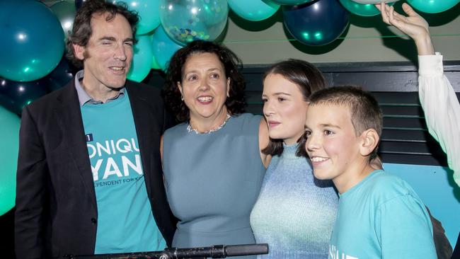 Monique Ryan celebrates with her family at her election party on Saturday night. Picture: Sam Tabone