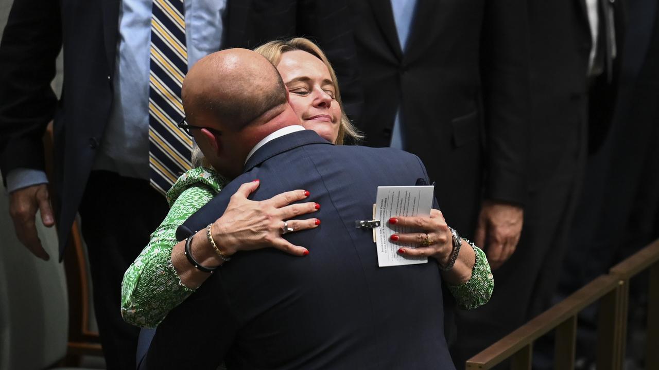 Peter Dutton’s wife Kirilly congratulates him after his speech. Picture: NCA NewsWire / Martin Ollman